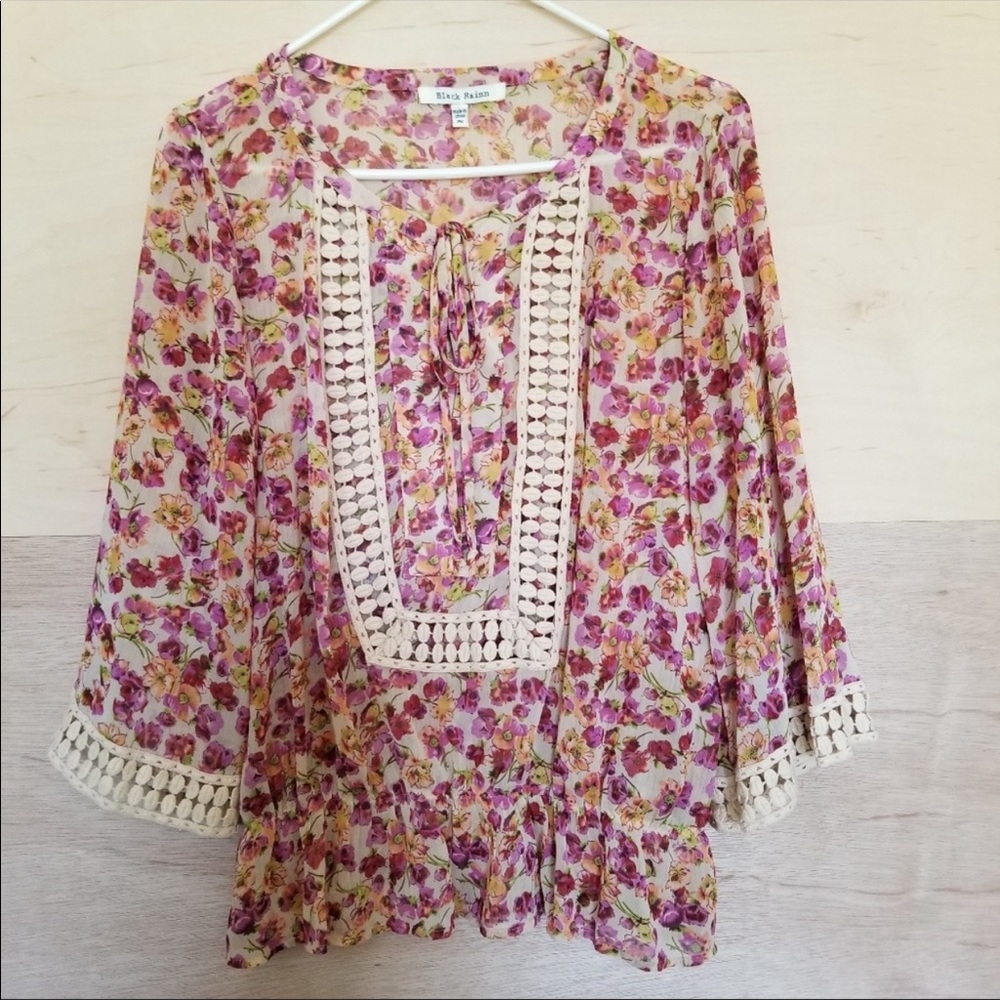 Black Rainn Sheer Floral Crochet Boho Blouse